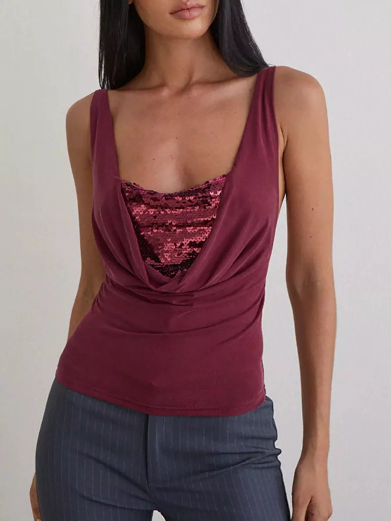 Sequin Detail Ruched Tank Top With Draped Front Stretchy Knit - Southern Shores Clothing