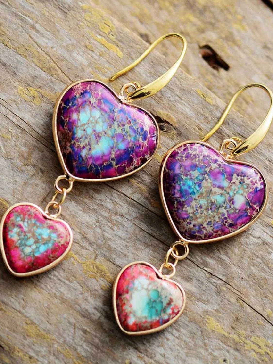 Heart Shape Imperial Jasper Dangle Earrings Gold Tone - Southern Shores Clothing