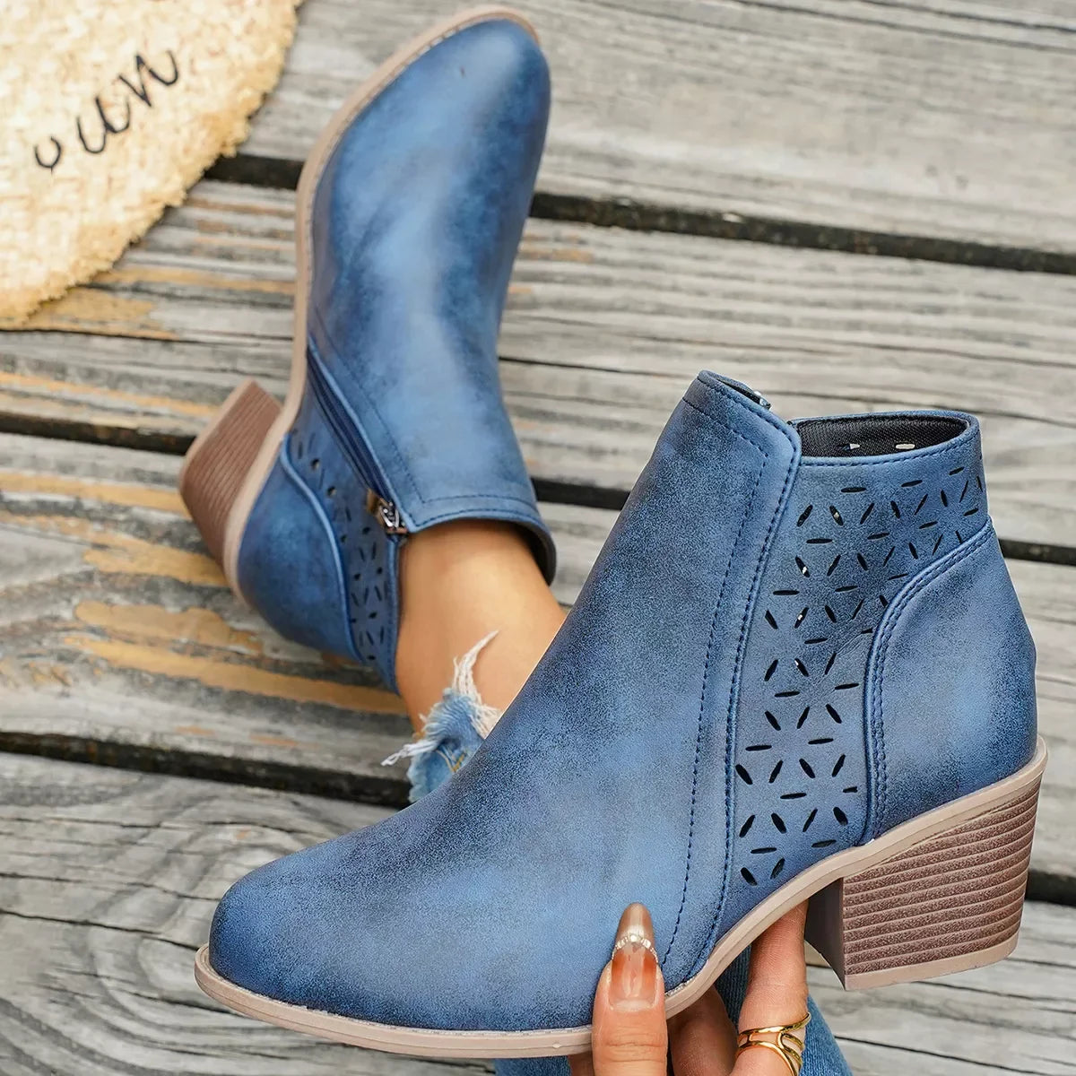 Round Toe Block Heel Ankle Boots Mid Heel - Southern Shores Clothing