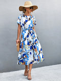 Round Neck Short Sleeve Tie Waist Midi Dress - Southern Shores Clothing