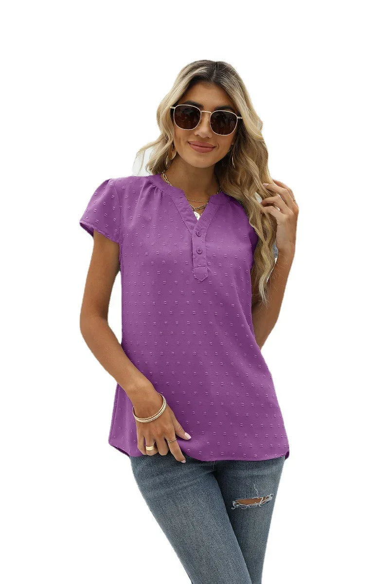 Swiss Dot Notched Neck Short Sleeve Top Casual Wear - Southern Shores Clothing