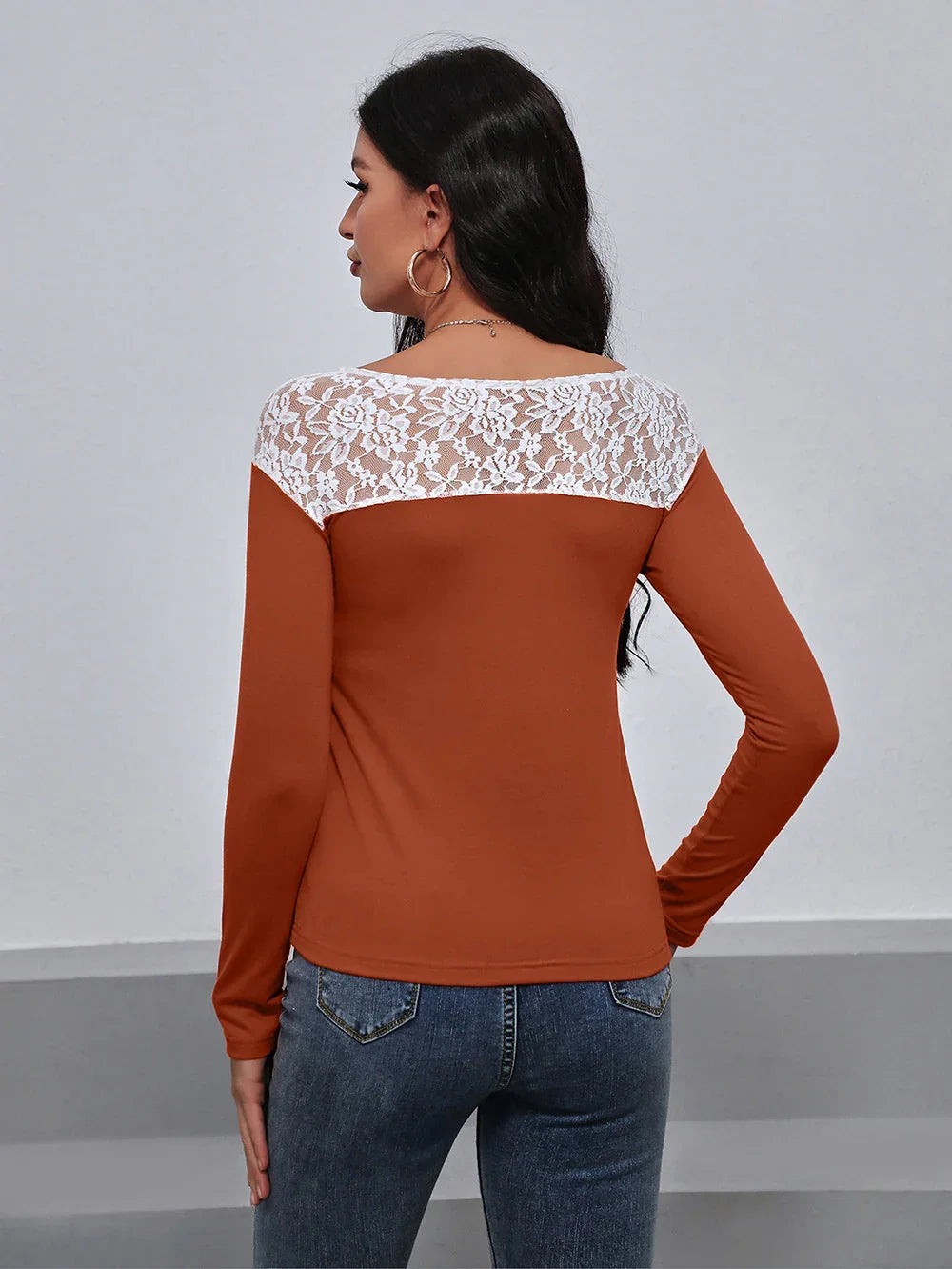 Lace Trim Long Sleeve Round Neck Tee For Casual Wear - Southern Shores Clothing