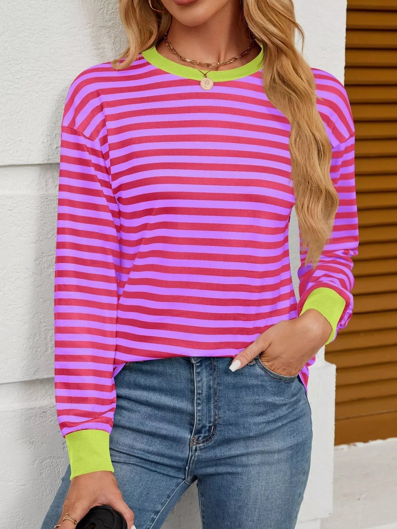 Striped Round Neck Long Sleeve T-Shirt - Southern Shores Clothing