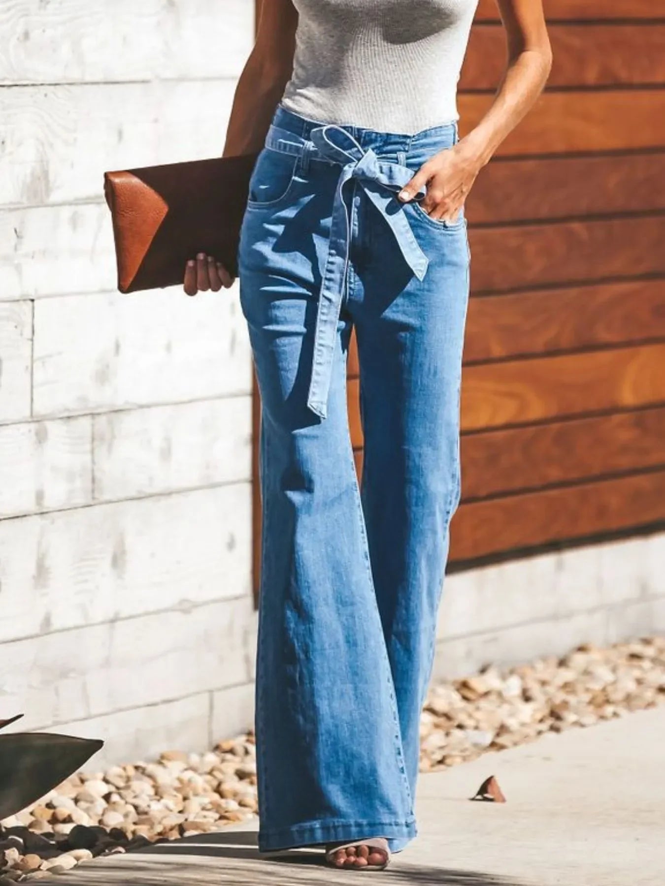 Beach Inspired High Waisted Tie Front Flare Denim Jeans - Southern Shores Clothing