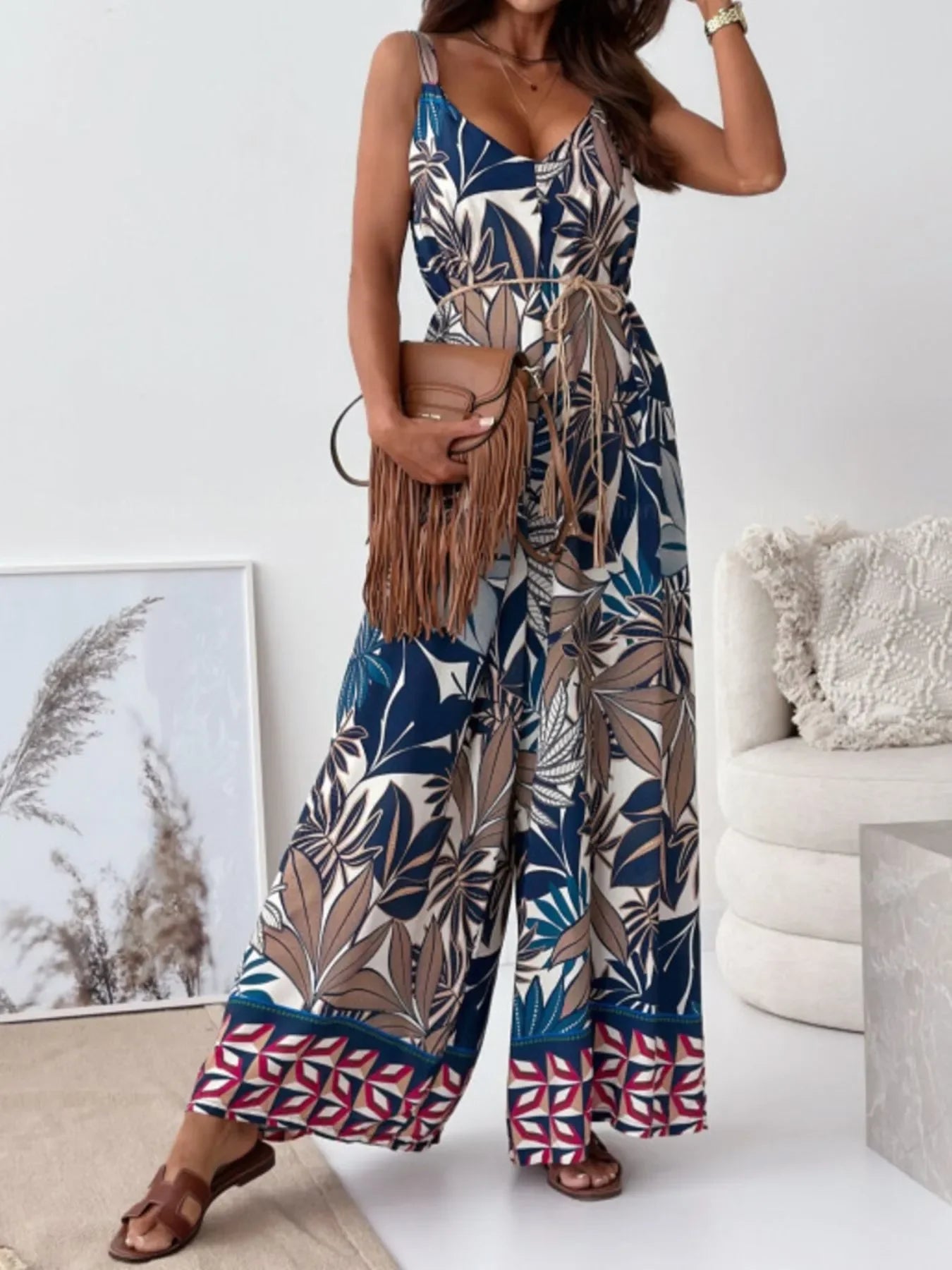 Paisley Print Spaghetti Strap Wide Leg Jumpsuit - Southern Shores Clothing
