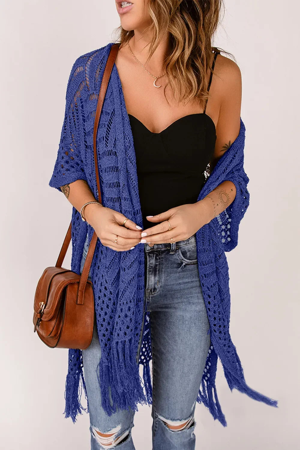 Lightweight Openwork Fringed Cardigan With Open Front - Southern Shores Clothing