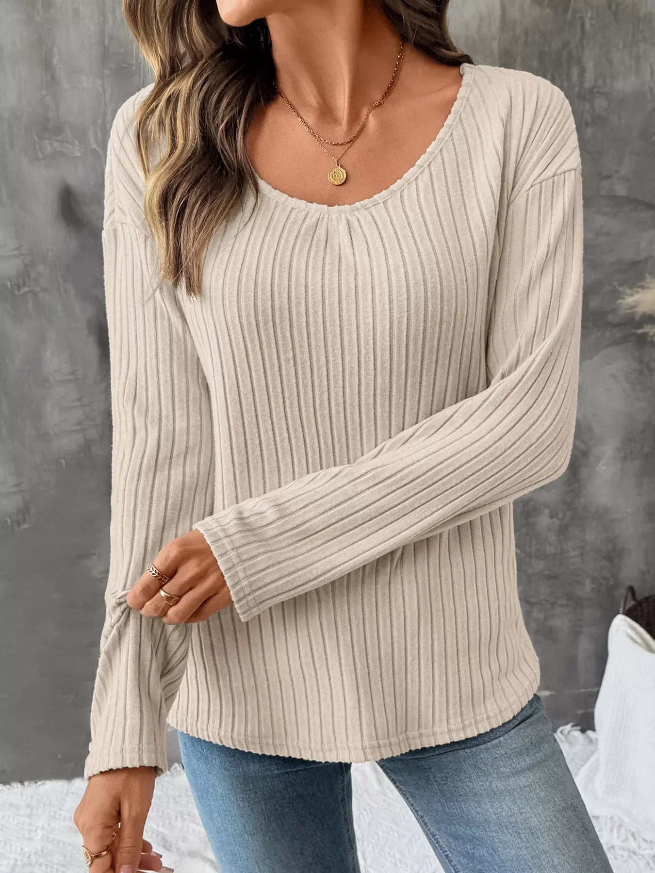 Lace Detail Ribbed Knit Long Sleeve T-Shirt - Southern Shores Clothing