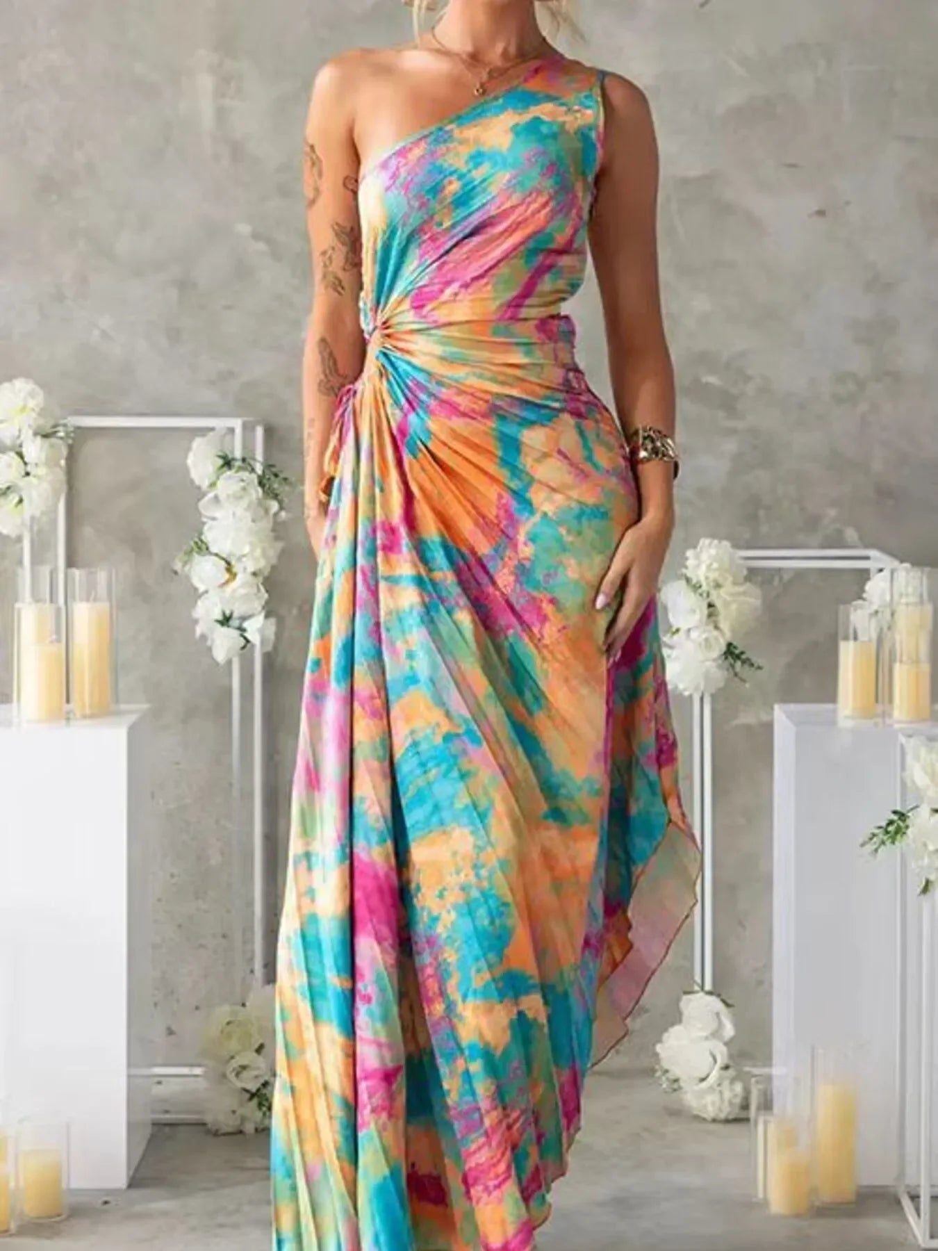 Printed One Shoulder Asymmetrical Bayside Maxi Dress - Southern Shores Clothing
