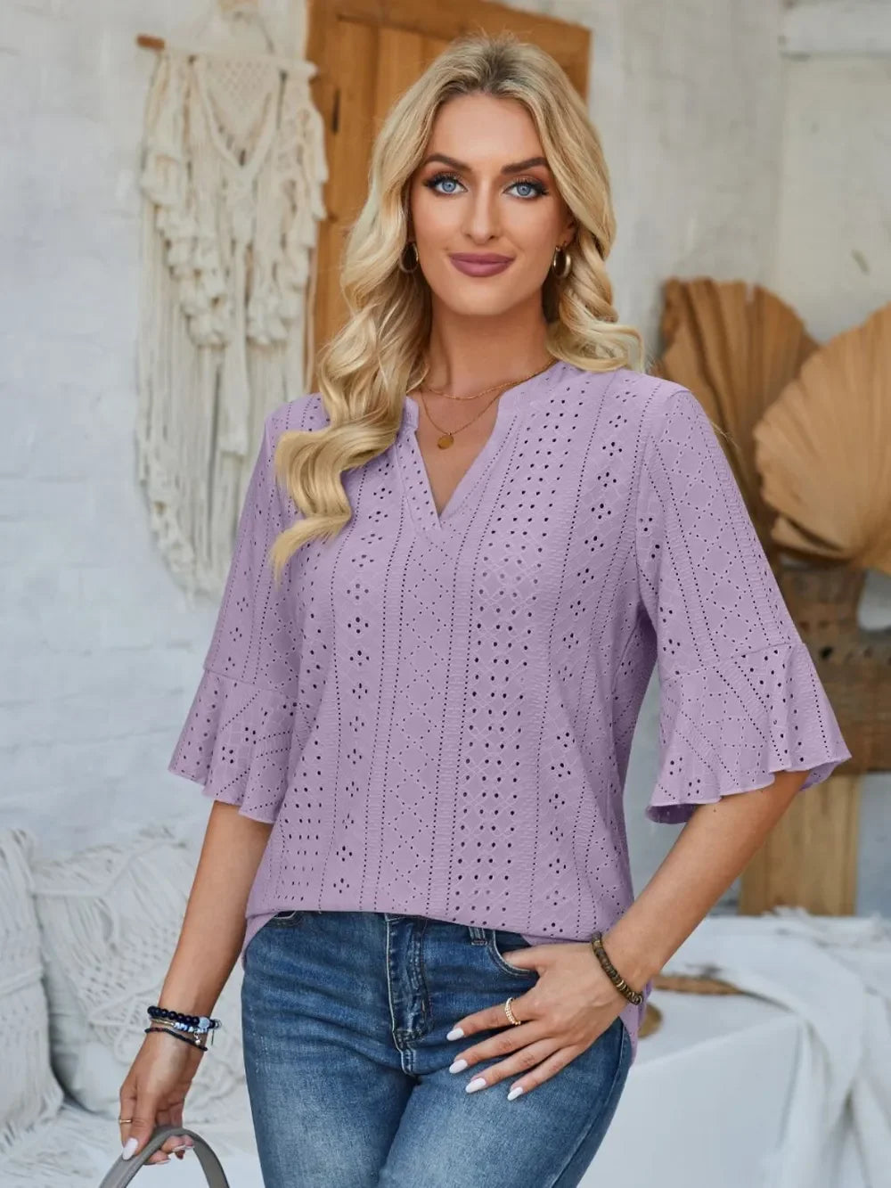 Eyelet Notched Half Sleeve T Shirt With Opaque Design - Southern Shores Clothing