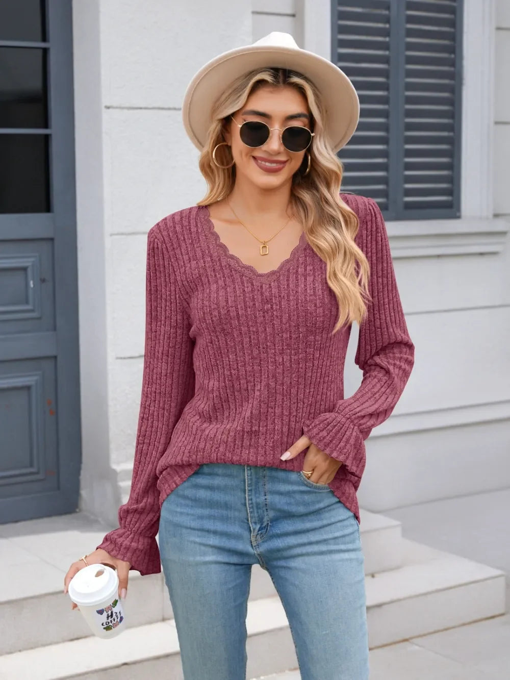 Lace Detail V-Neck Long Sleeve T-Shirt - Southern Shores Clothing