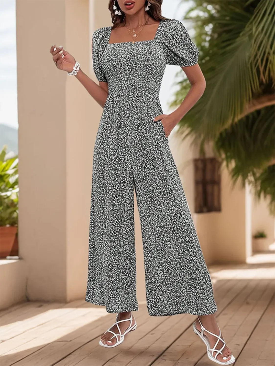 Printed Square Neck Puff Sleeve Jumpsuit - Southern Shores Clothing