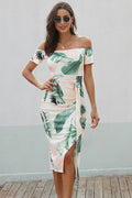 Printed Off-Shoulder Split Dress - Southern Shores Clothing