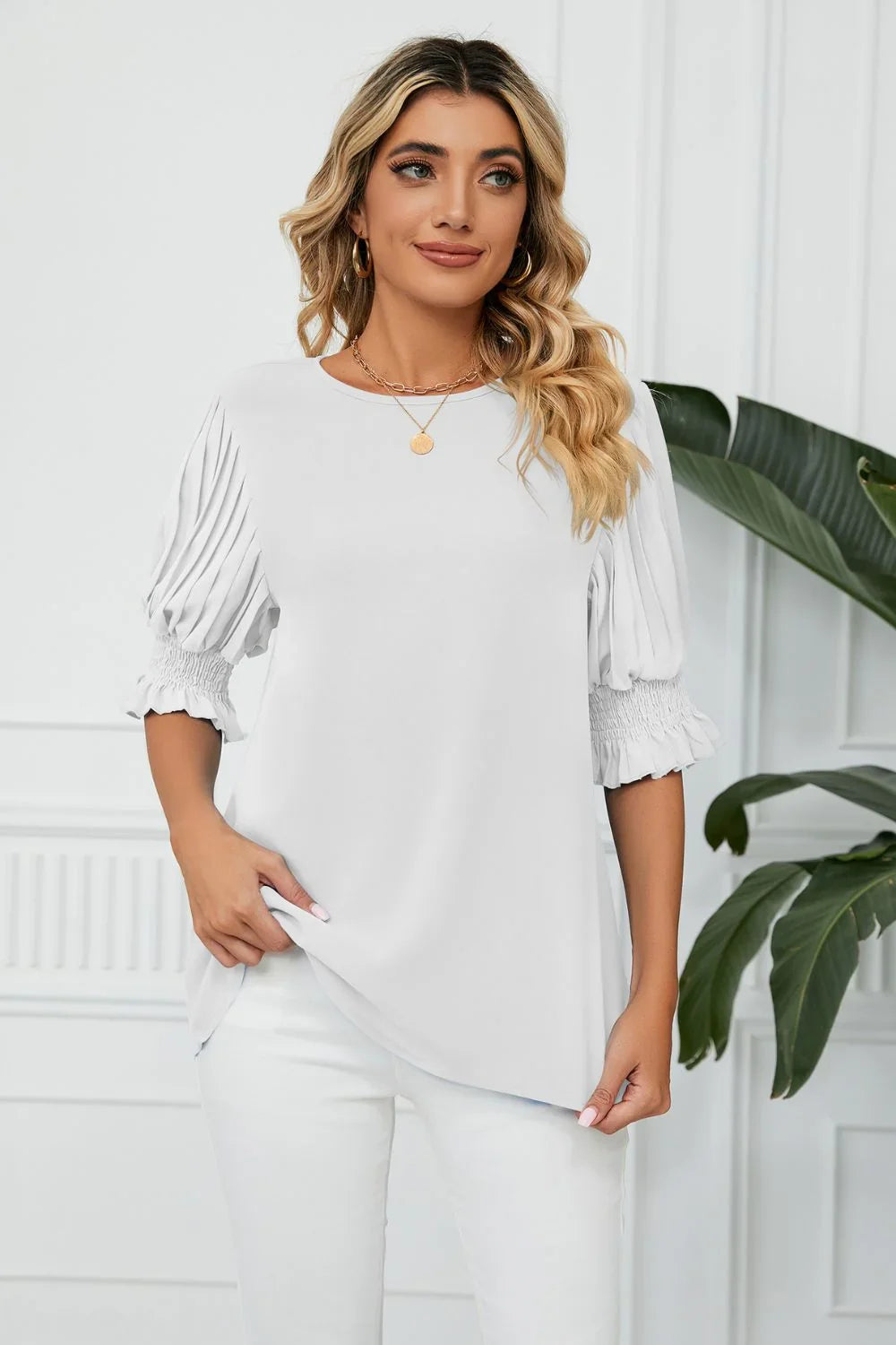 Pleated Flounce Sleeve Keyhole Blouse Polyester - Southern Shores Clothing