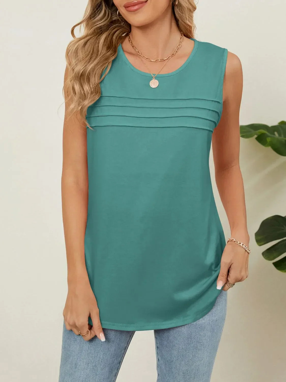 Round Neck Sleeveless Tank Top With Pleated Front Detail - Southern Shores Clothing