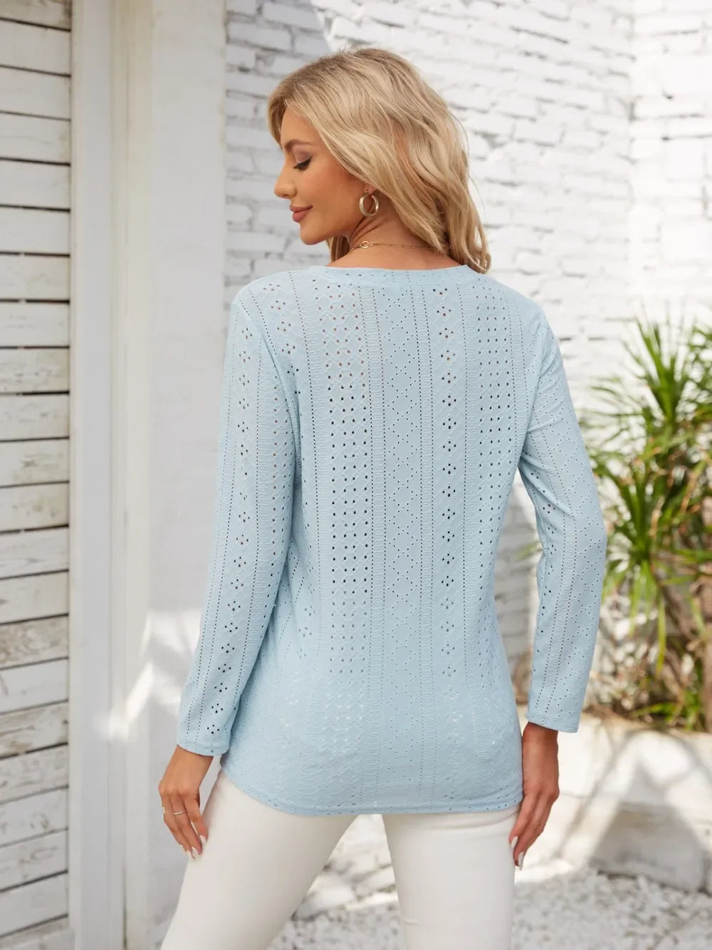 V Neck Openwork T Shirt With Decorative Buttons - Southern Shores Clothing