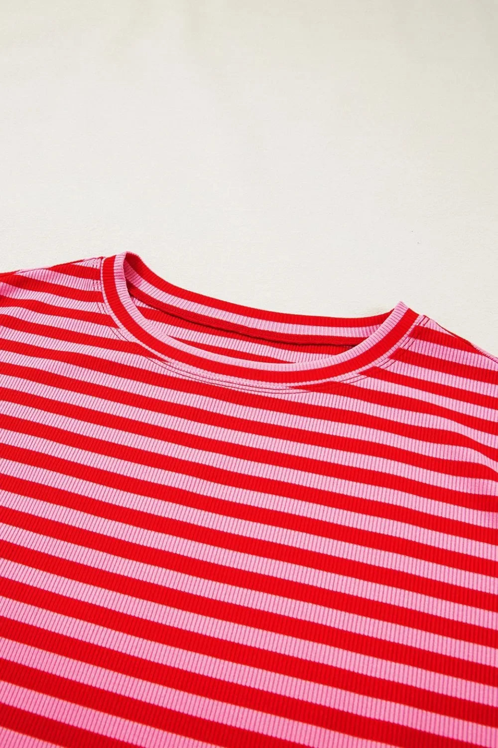 Stripe Ribbed Cap Sleeve Round Neck T Shirt - Southern Shores Clothing