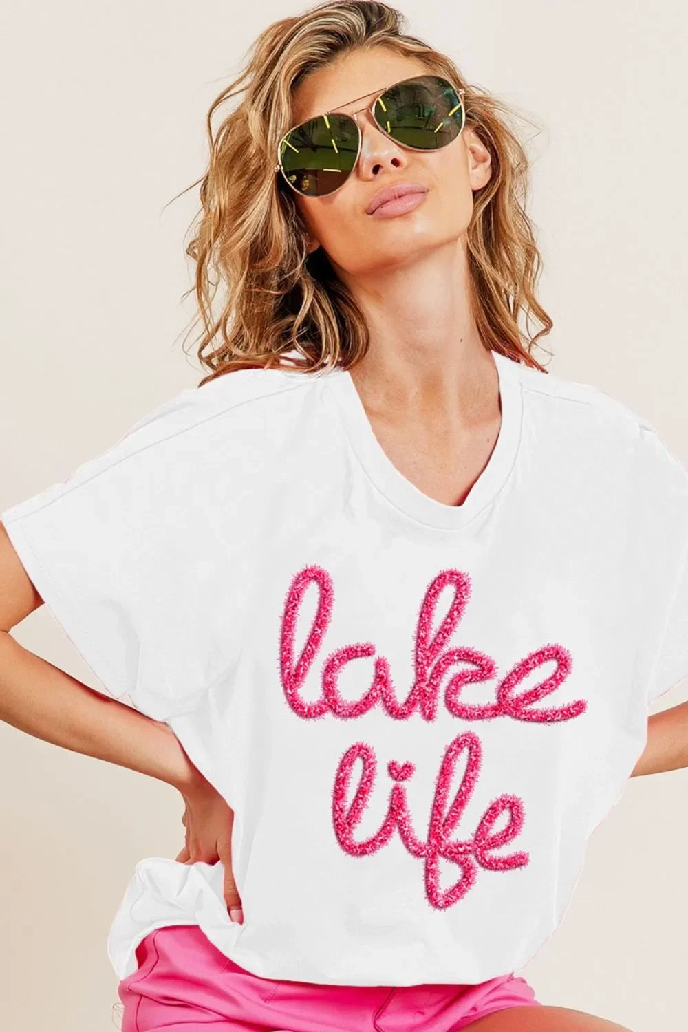 Metallic Letter Short Dolman Sleeve Relaxed Tee - Southern Shores Clothing
