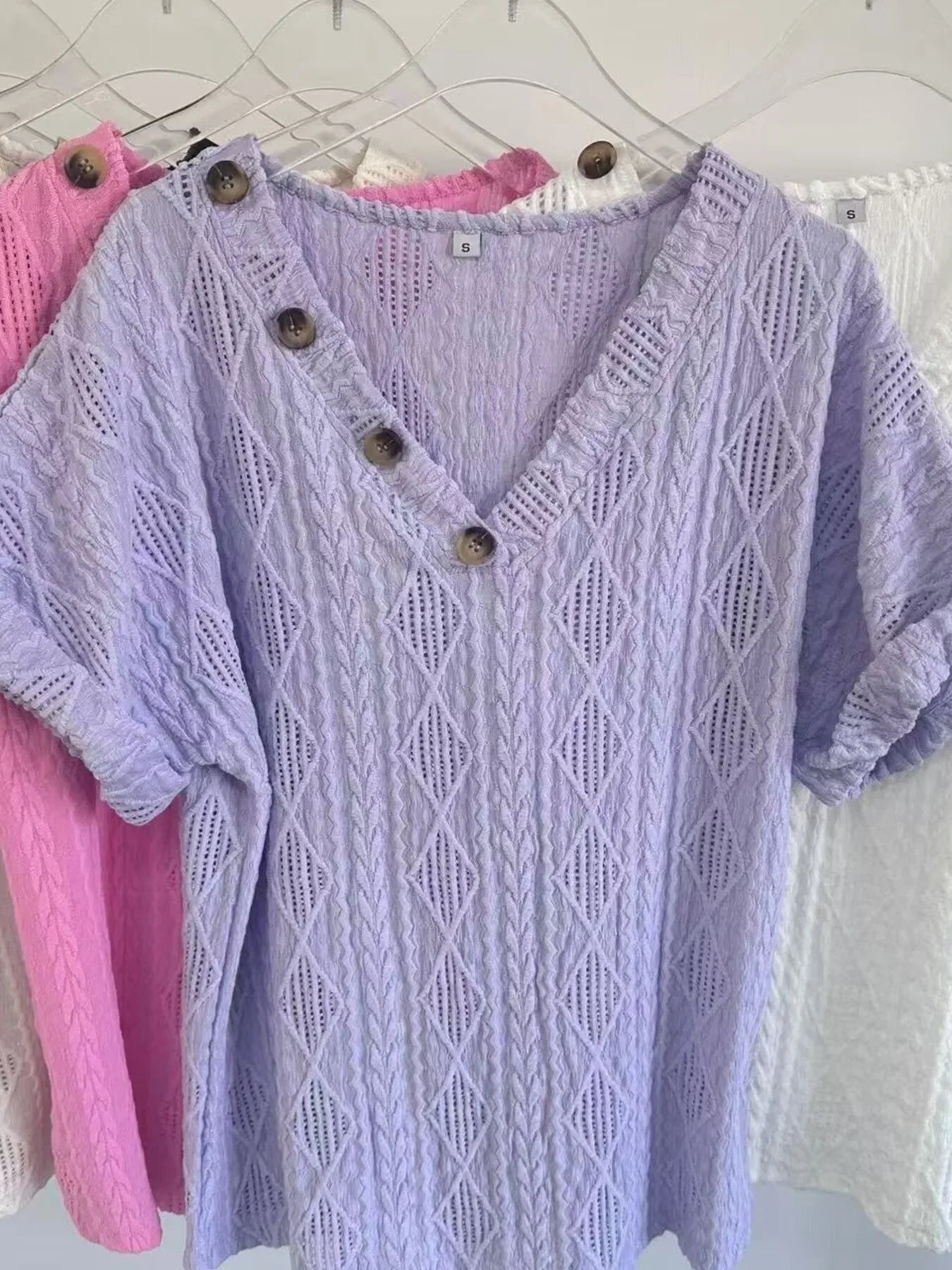 Textured V-Neck Short Sleeve Buttoned Top With Openwork - Southern Shores Clothing