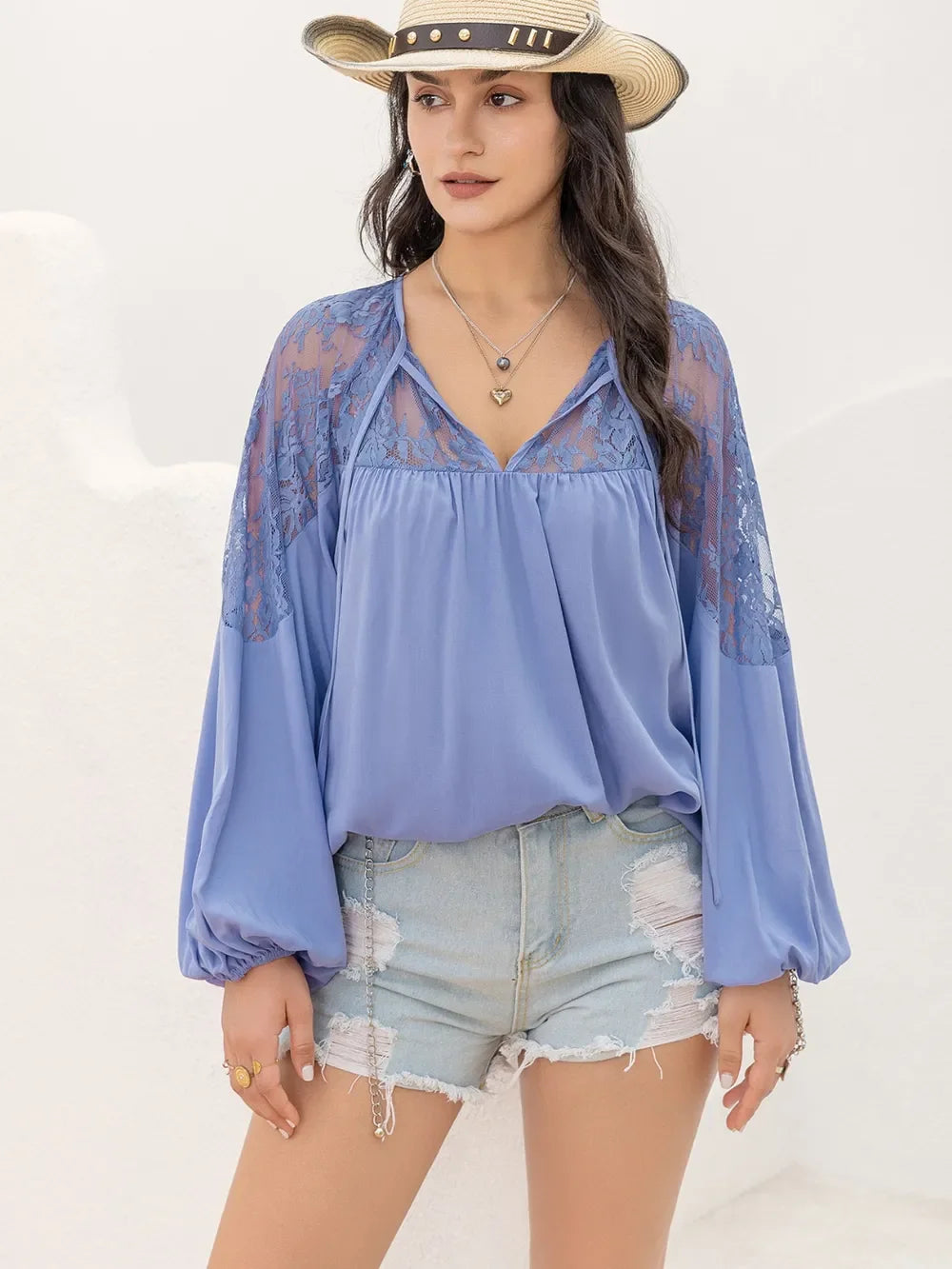 Viscose Lace Detail Tie Neck Balloon Sleeve Blouse - Southern Shores Clothing