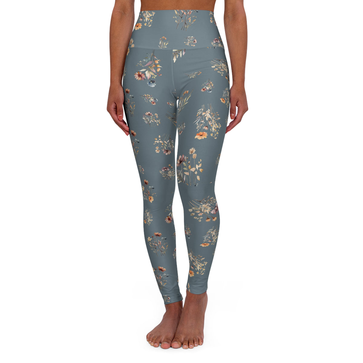 High Waisted Yoga Leggings, Dusty Blue Floral Pattern