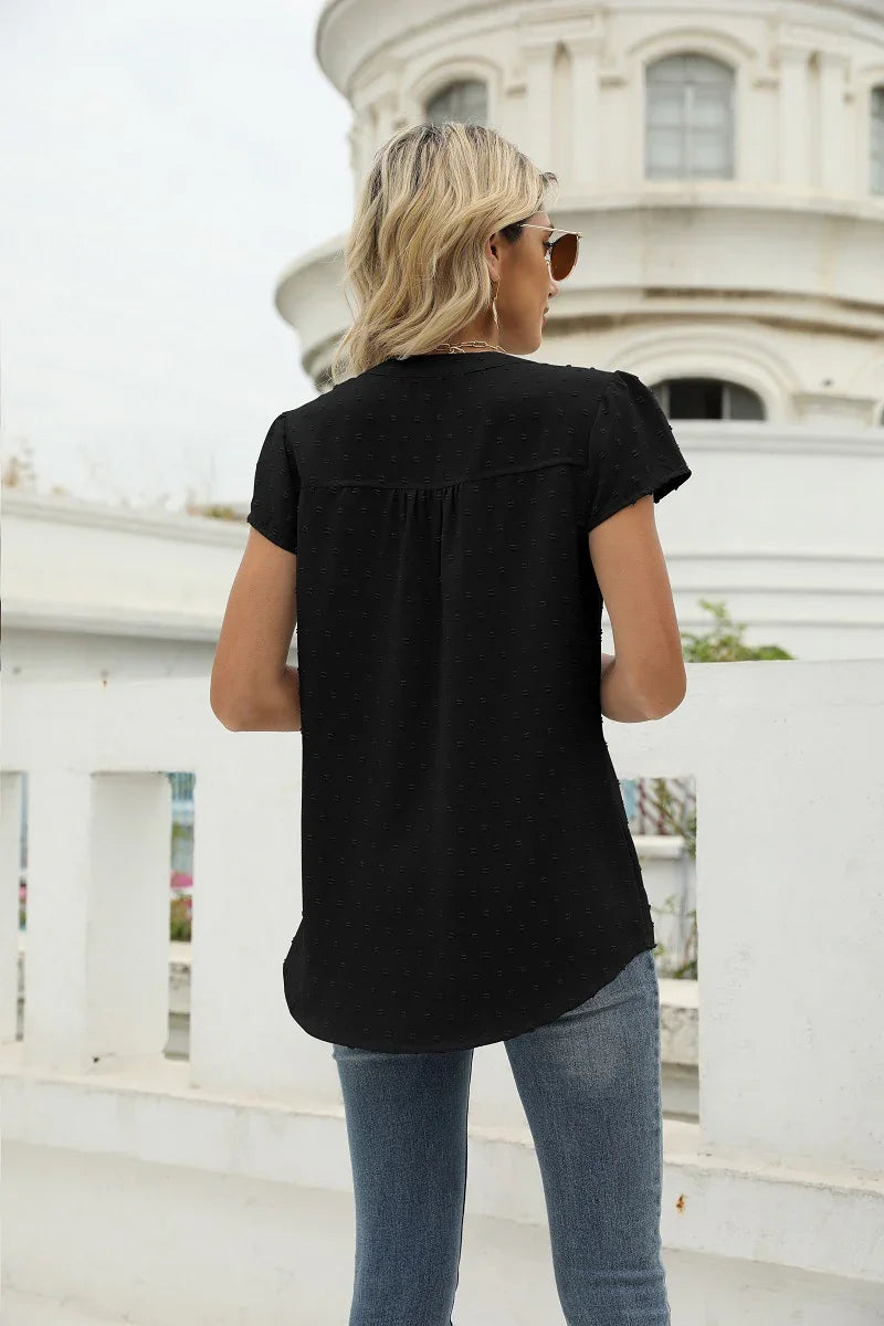 Swiss Dot Notched Neck Short Sleeve Top Casual Wear - Southern Shores Clothing
