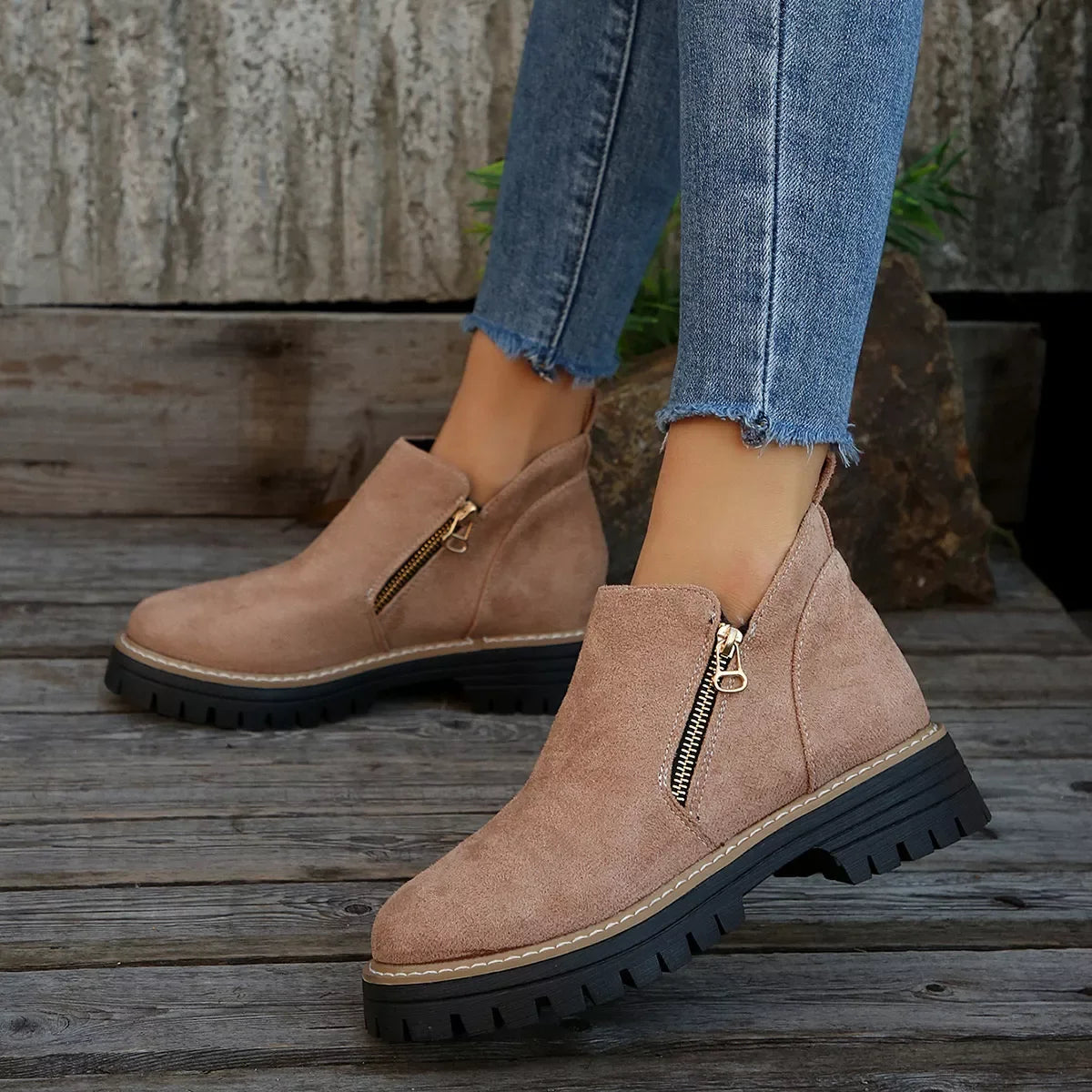 Suede Ankle Boots With Zipper Detail Mid Heel - Southern Shores Clothing