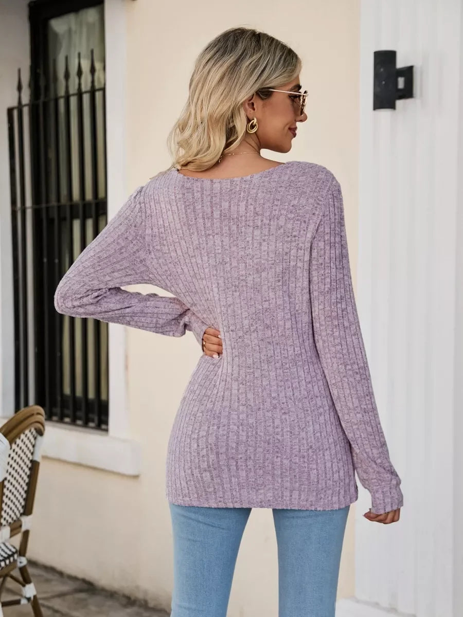 Ribbed Square Neck Long Sleeve Stretch T Shirt - Southern Shores Clothing