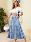 Denim Button Front Tiered Midi Skirt Casual - Southern Shores Clothing