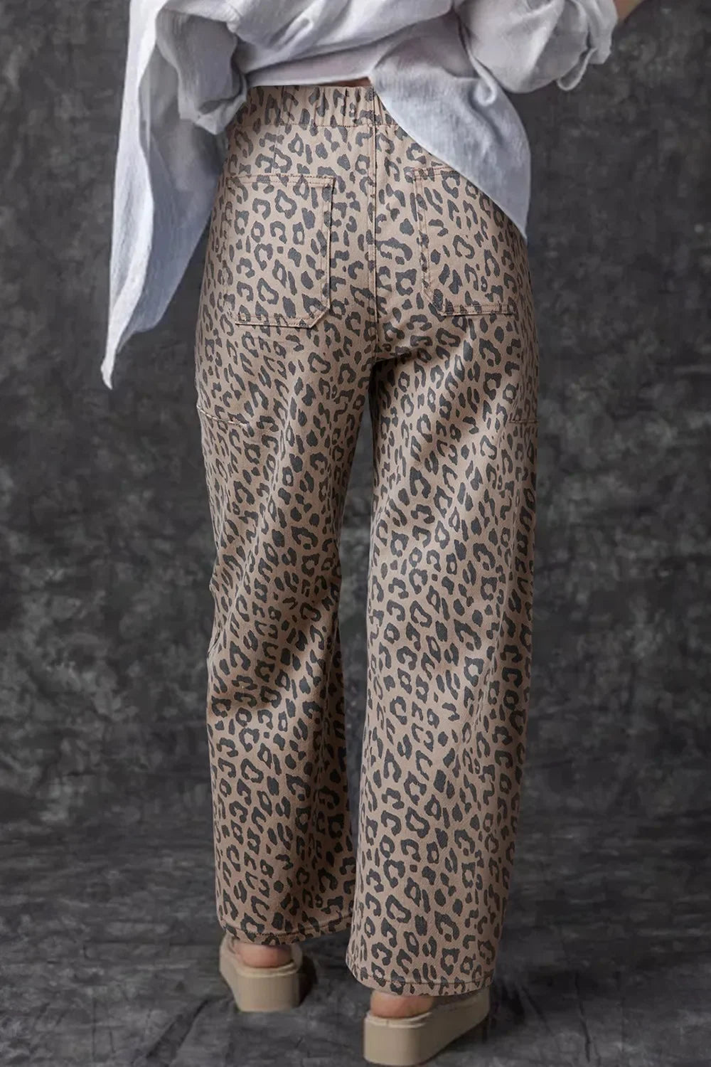 Leopard Printed Drawstring Waist Pocketed Wide Leg Jeans - Southern Shores Clothing
