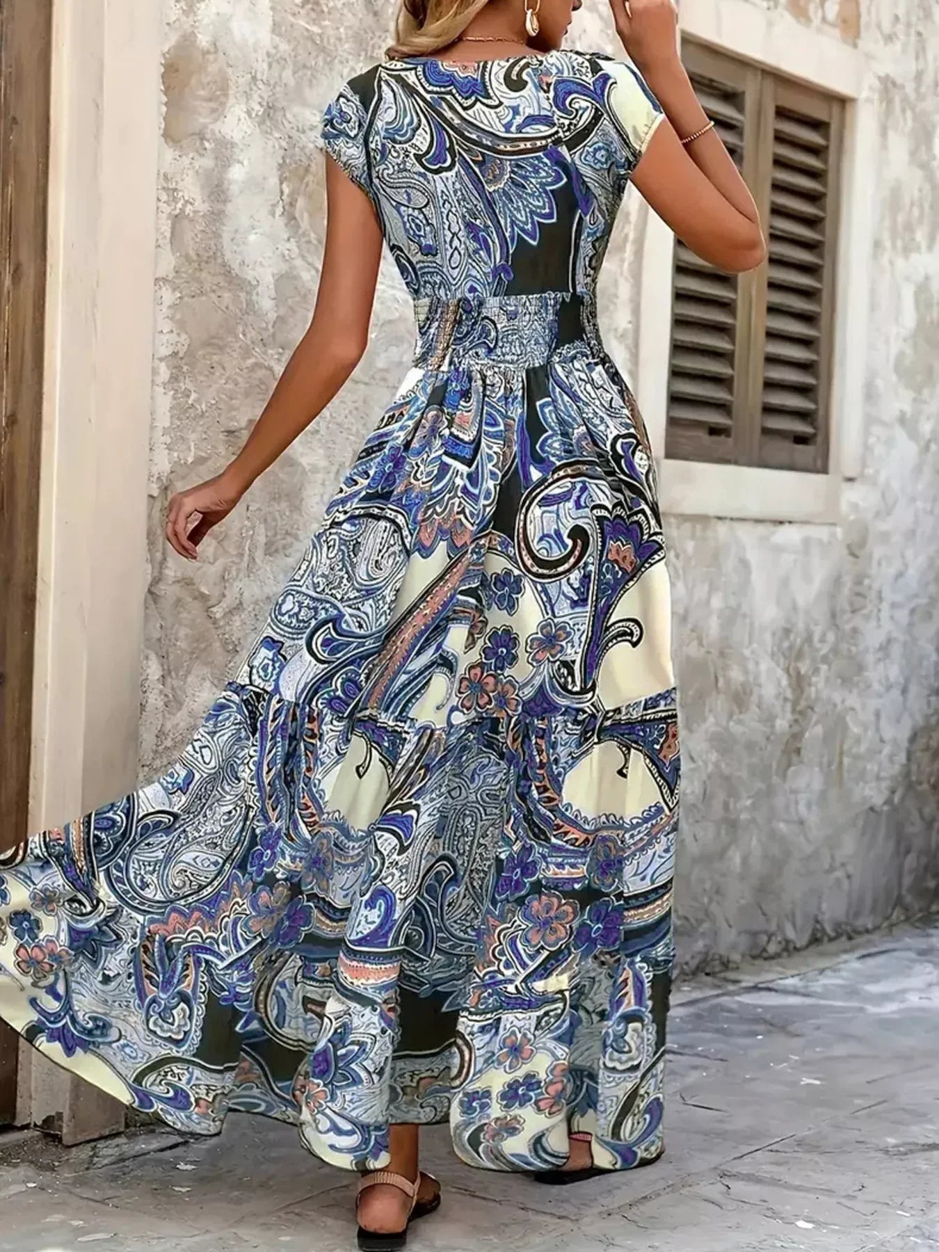 Printed V-Neck Cap Sleeve Maxi Dress Casual - Southern Shores Clothing