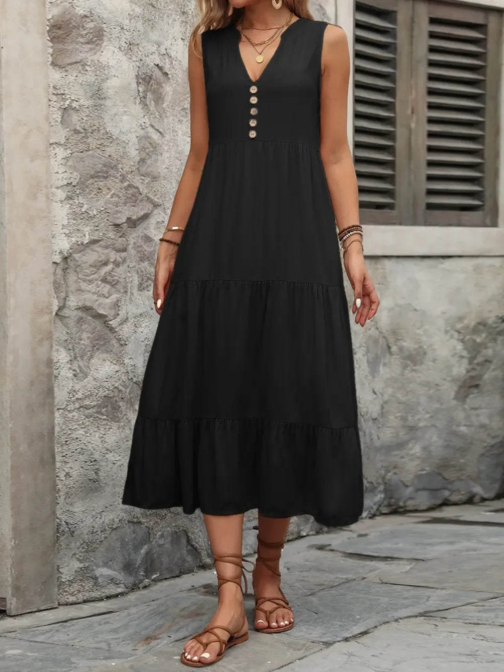 Notched Sleeveless Maxi Dress With Buttons - Southern Shores Clothing