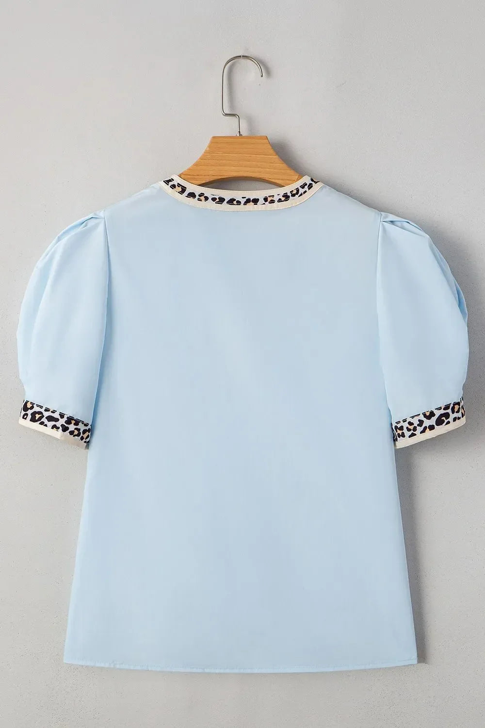 Contrast Leopard Trim Split Neck Puff Sleeve Blouse - Southern Shores Clothing