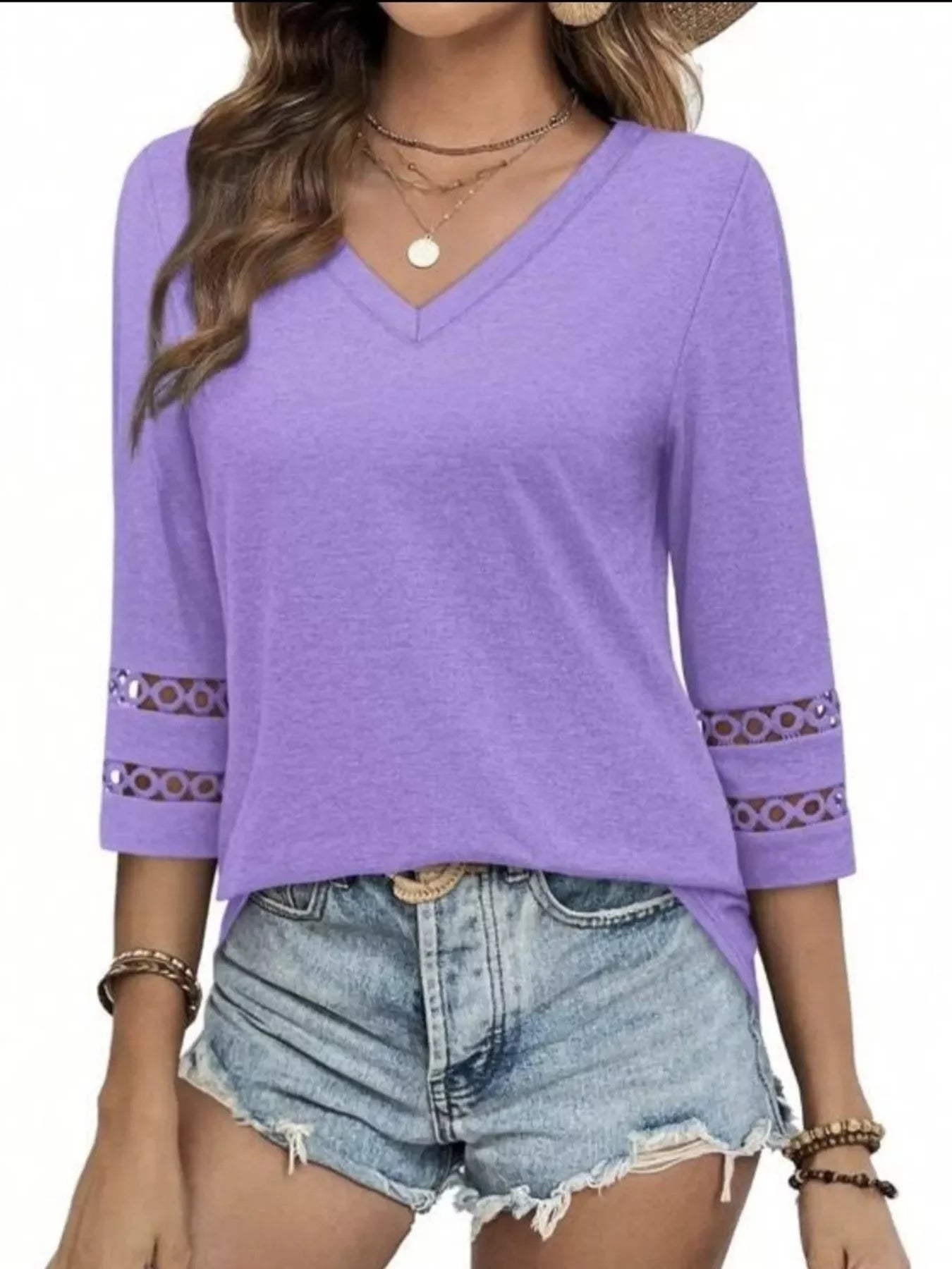 Full Size V-Neck 3/4 Sleeve T-Shirt Plus Size - Southern Shores Clothing