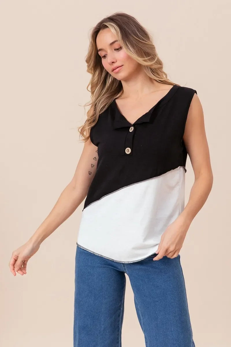 Block Design Buttoned Henley Top With Contrast Stitching - Southern Shores Clothing