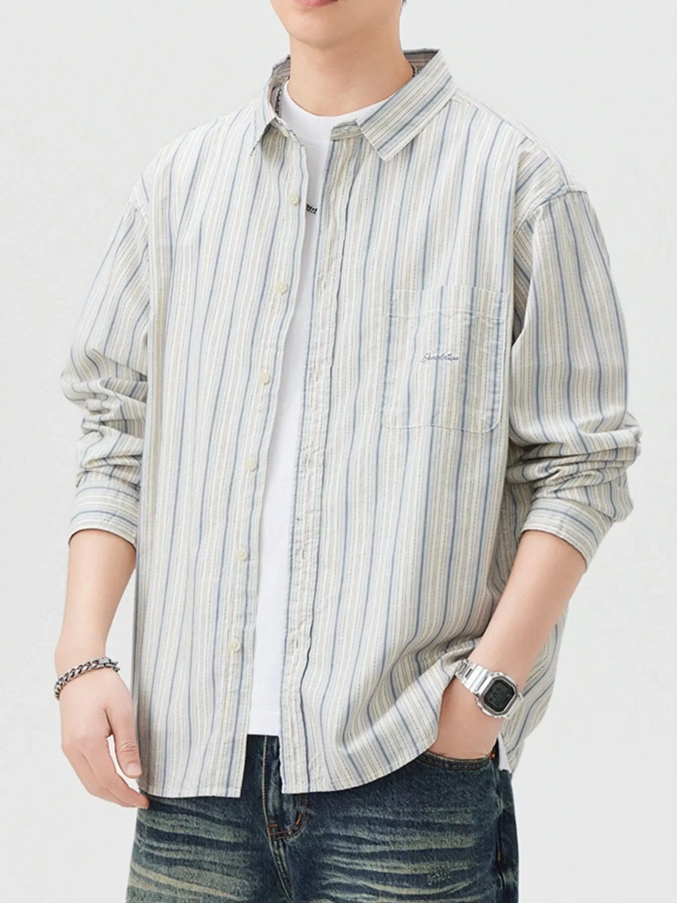 Oversized Striped Button Up Long Sleeve Cotton Shirt - Southern Shores Clothing