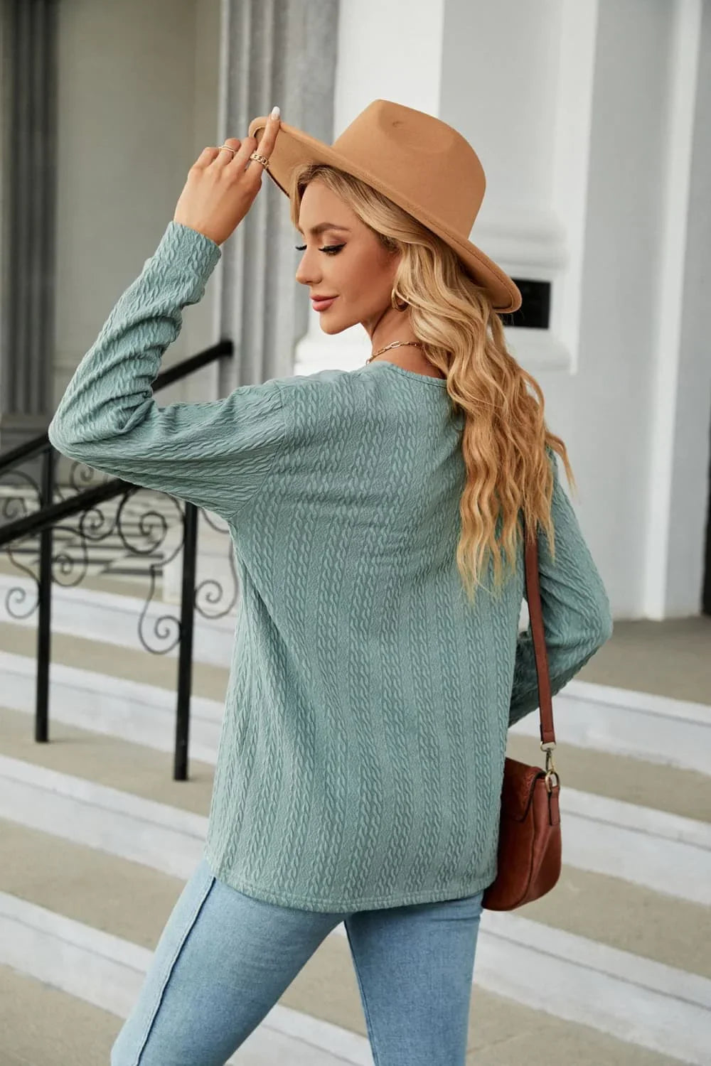 Decorative Button V-Neck Long Sleeve T-Shirt - Southern Shores Clothing