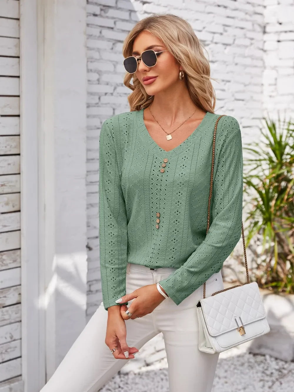 V Neck Openwork T Shirt With Decorative Buttons - Southern Shores Clothing