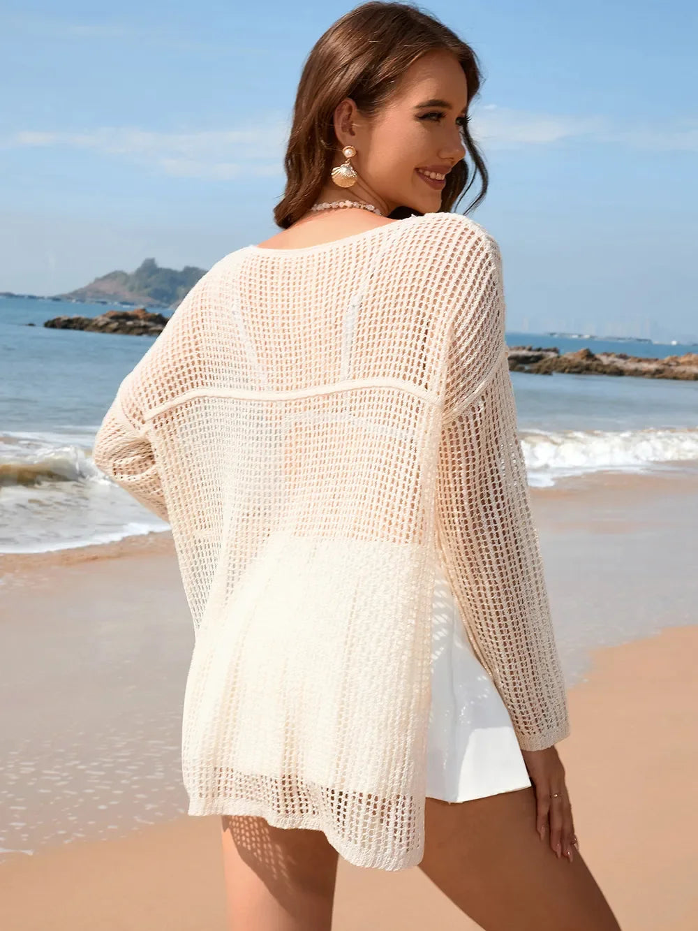 Openwork Slit Boat Neck Long Sleeve Cover-Up - Southern Shores Clothing