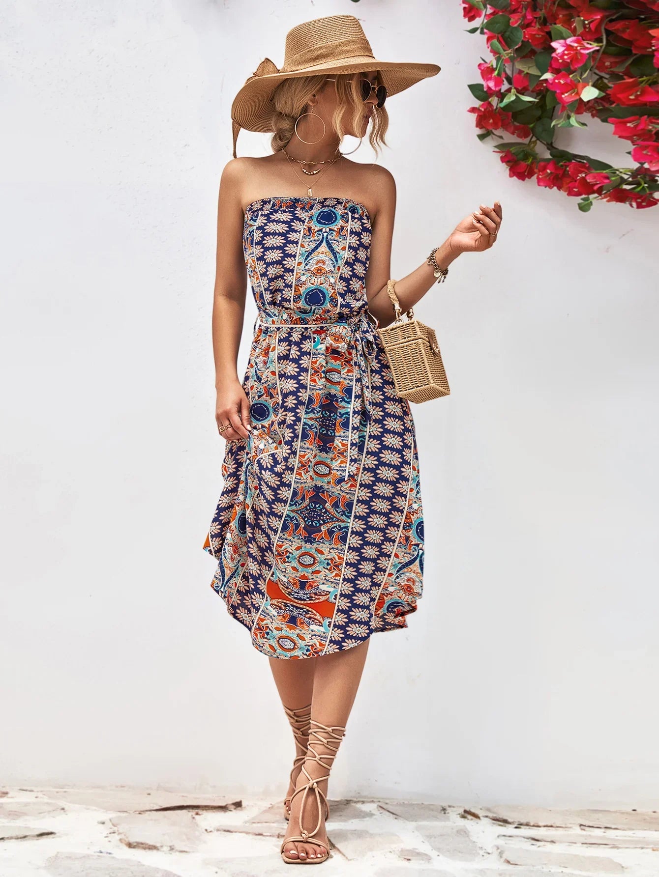 Printed Strapless Tie Belt Dress - Southern Shores Clothing