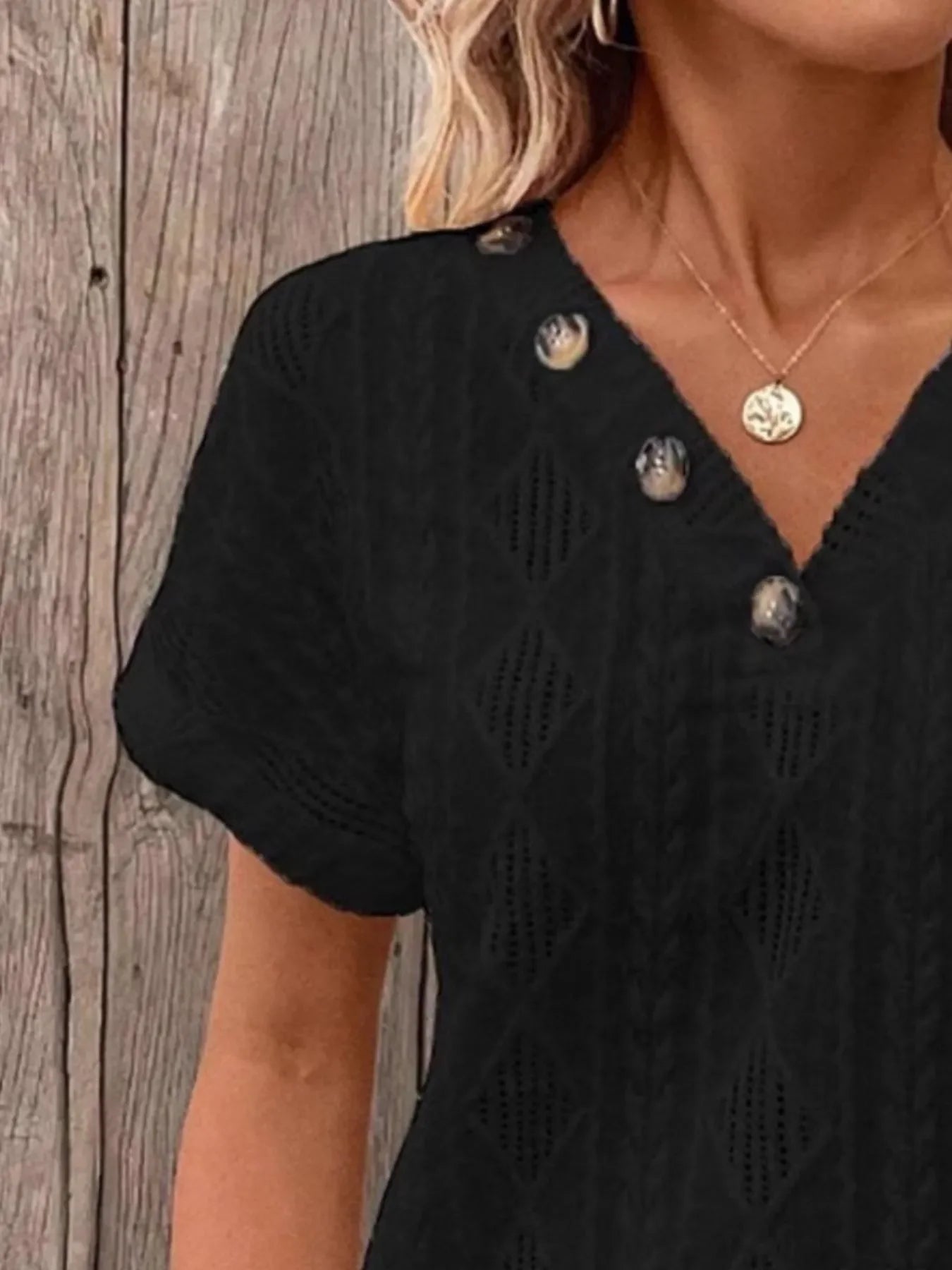 Textured V-Neck Short Sleeve Buttoned Top With Openwork - Southern Shores Clothing
