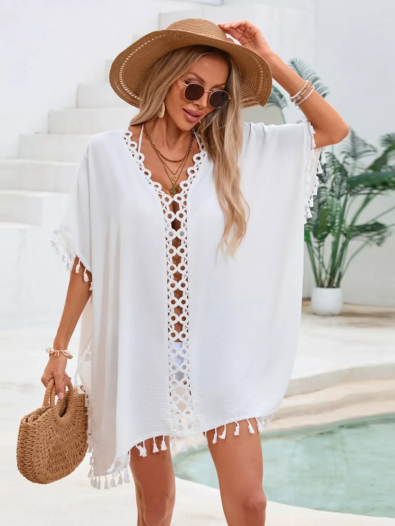 Crochet Trim Tassel Cover Up Dress With Lattice Front Detail - Southern Shores Clothing