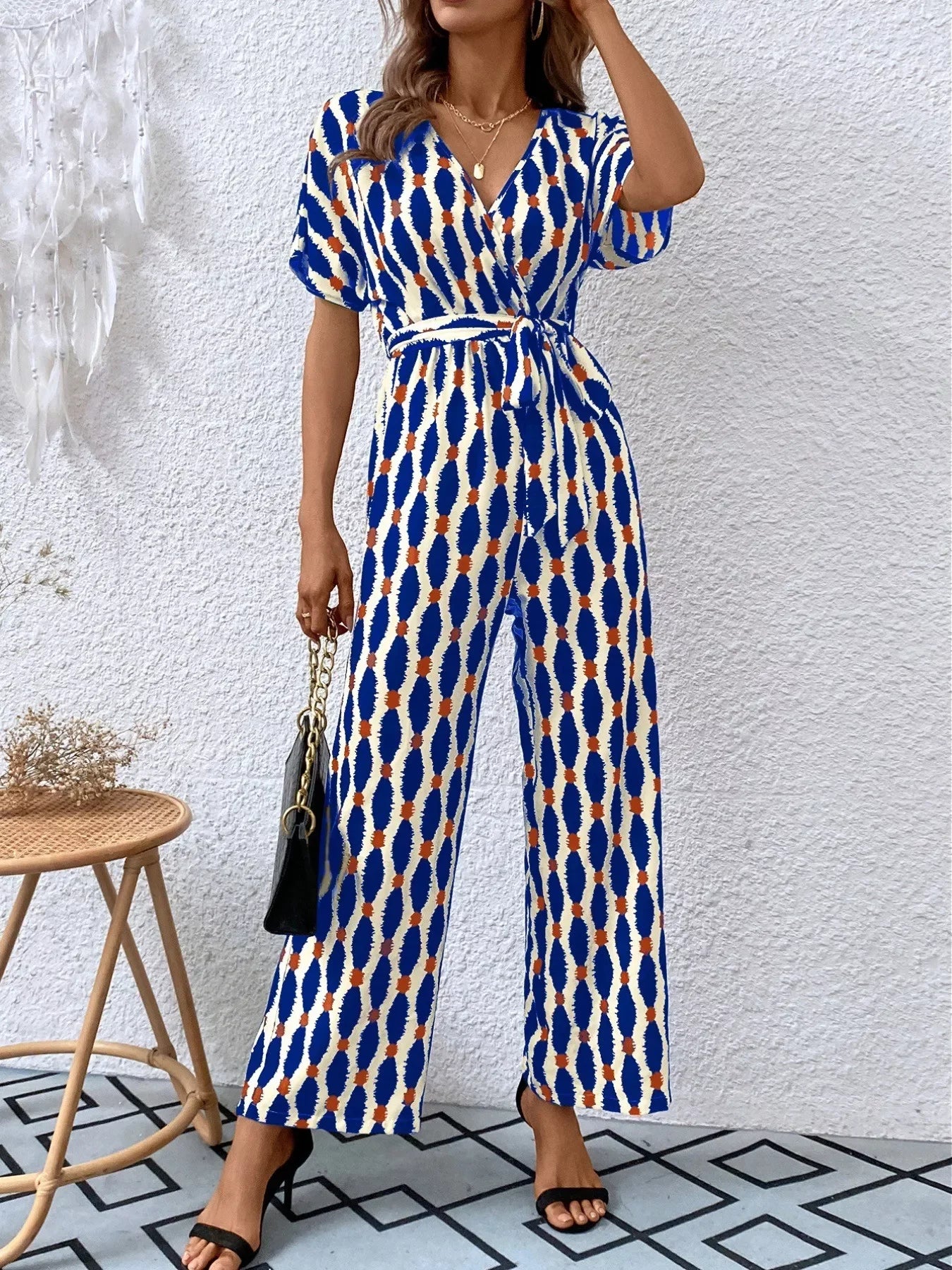 Printed Surplice Tie Waist Short Sleeve Jumpsuit - Southern Shores Clothing