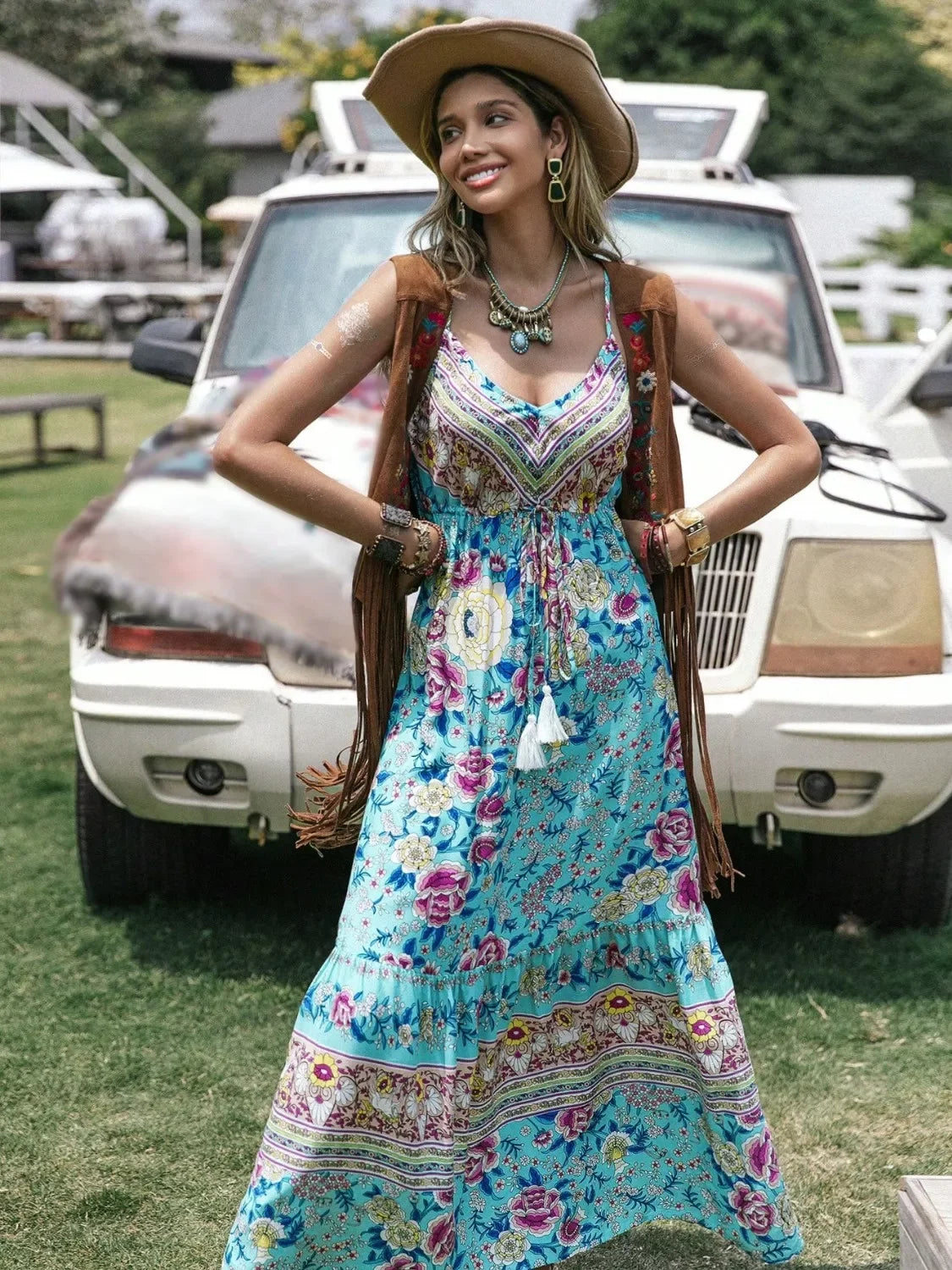 Tassel Floral Print Tiered Cami Dress With Sleeveless Design - Southern Shores Clothing