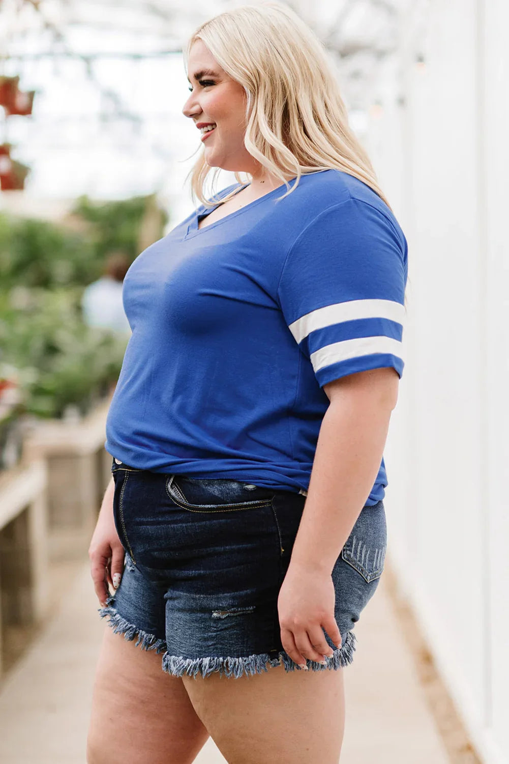 Plus Size Striped V-Neck Short Sleeve T-Shirt - Southern Shores Clothing