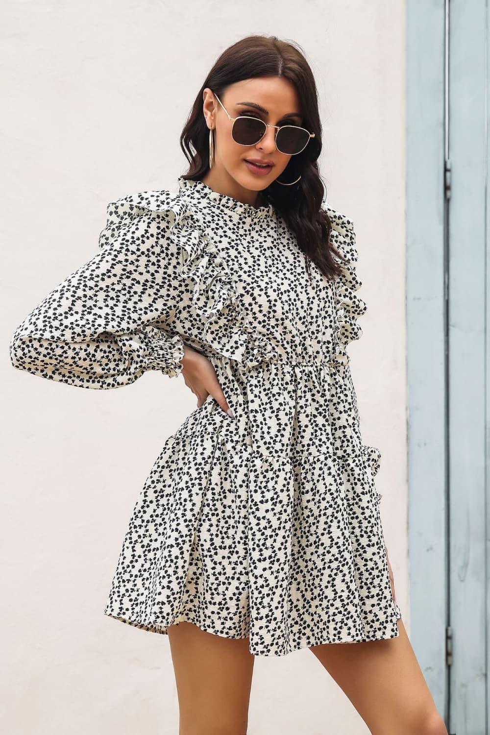 Printed Ruffle Trim Smocked Long Sleeve Mini Dress - Southern Shores Clothing