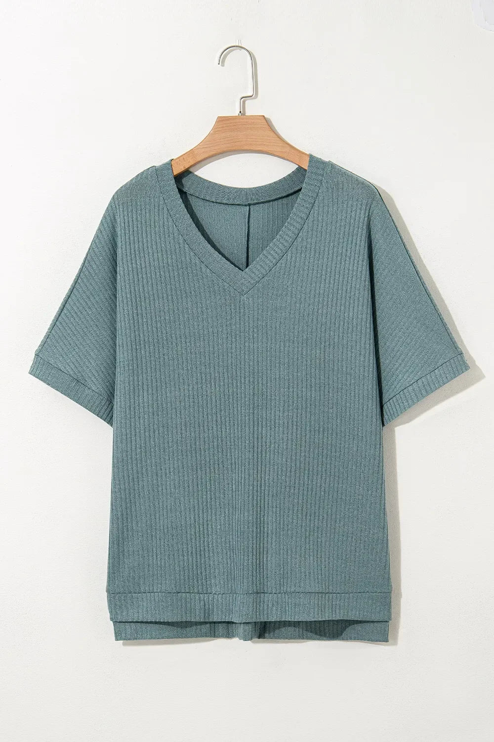 Oversized Ribbed Knit V Neck Dolman Short Sleeve Top - Southern Shores Clothing