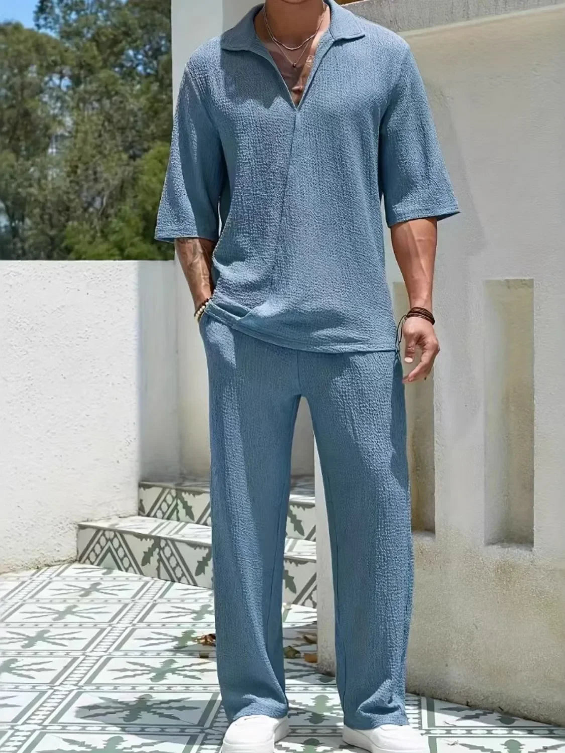 Men's Johnny Collar Half Sleeve Top and Pants Set - Southern Shores Clothing