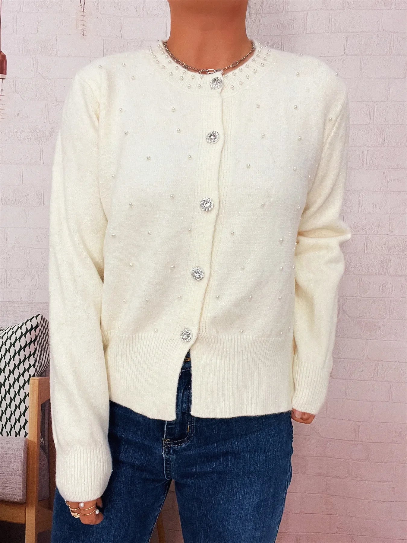Pearl Detail Button Front Cardigan Stretch Knit - Southern Shores Clothing