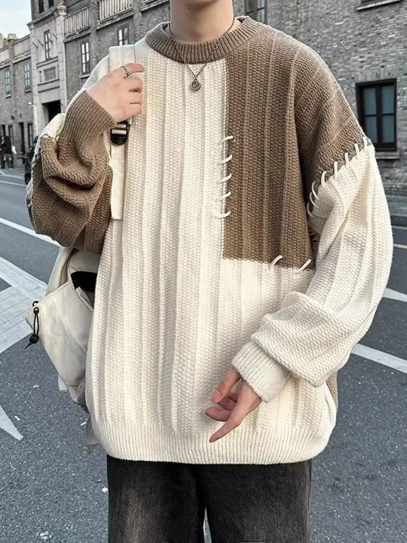 Oversized Block Knitted Pullover With Relaxed Fit - Southern Shores Clothing