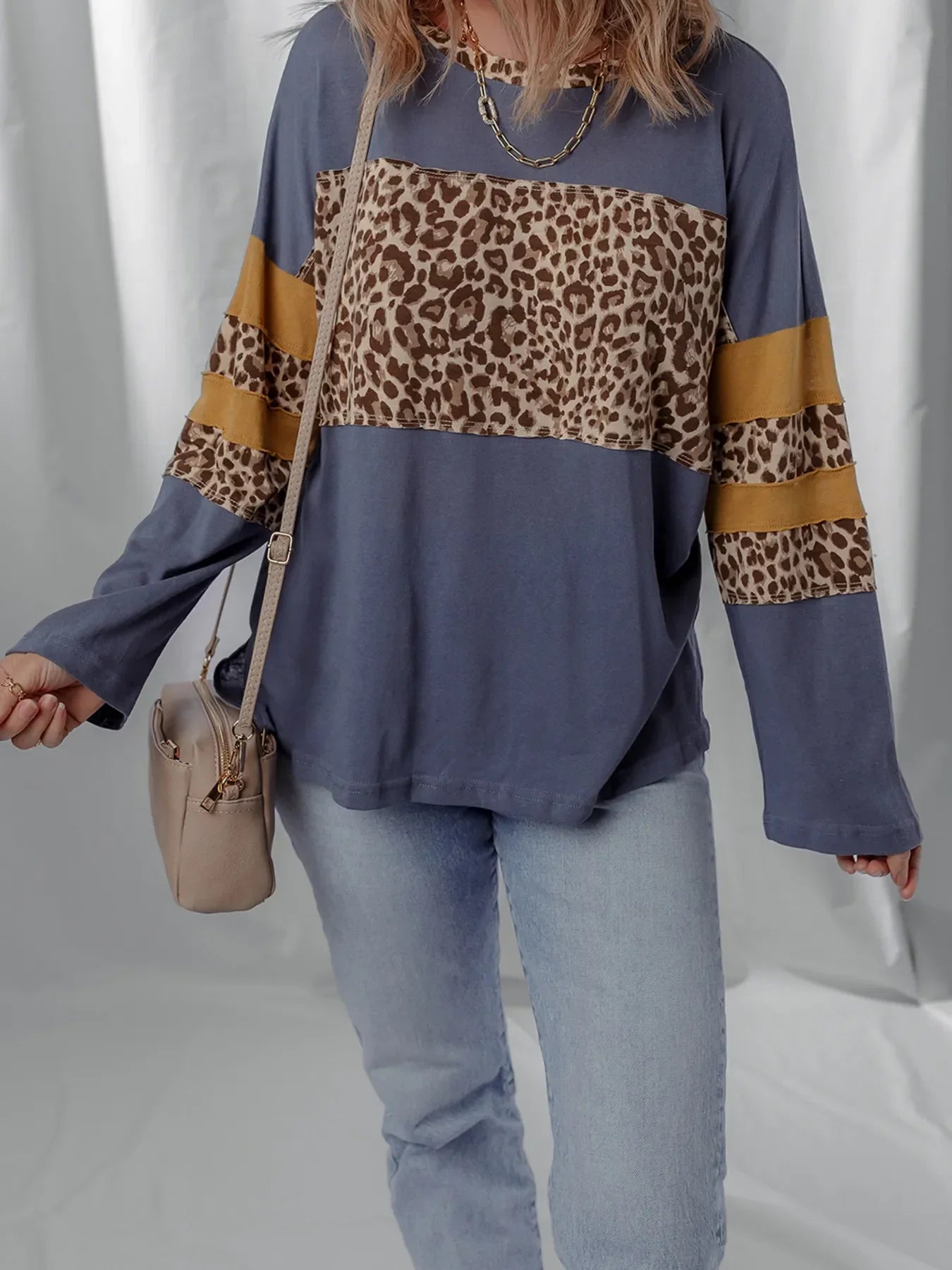 Leopard Color Block Cotton Long Sleeve Drop Shoulder Top - Southern Shores Clothing